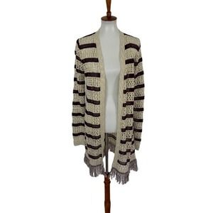 Say What New York Boho Crochet Fringe Open Front Cardigan Sweater Large Cream